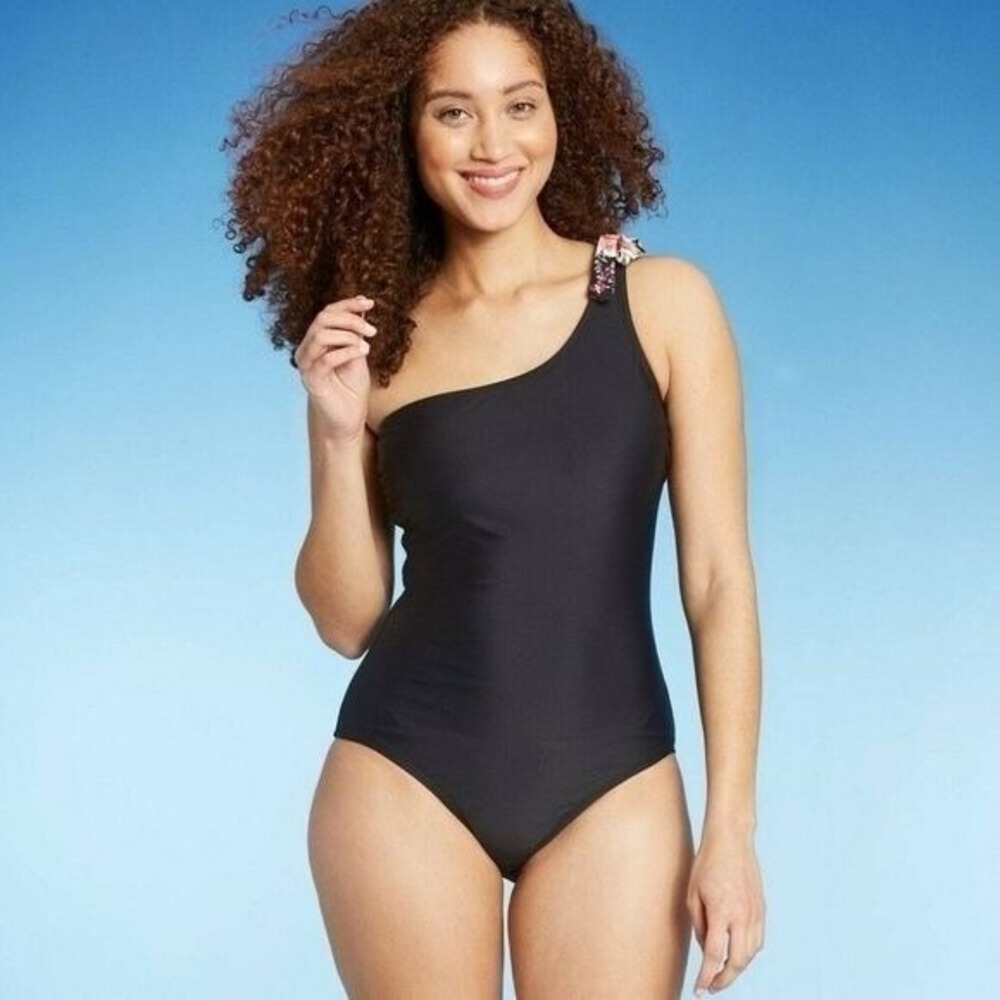 Kona Sol One Piece One Shoulder Swimsuit Womens S Black Floral Tie Strap